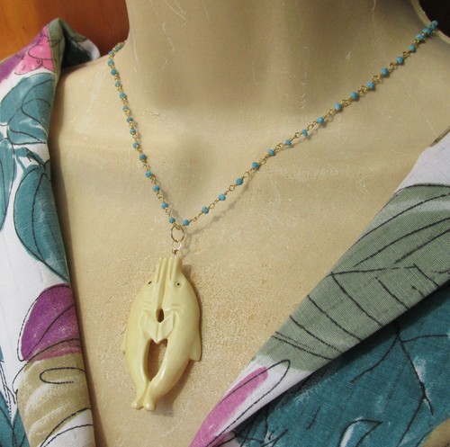 Türkis Kette mit geschnitztem Delfin Anhänger 585 14K Gold GF Collier v. Atelier - Bild 3 von 8