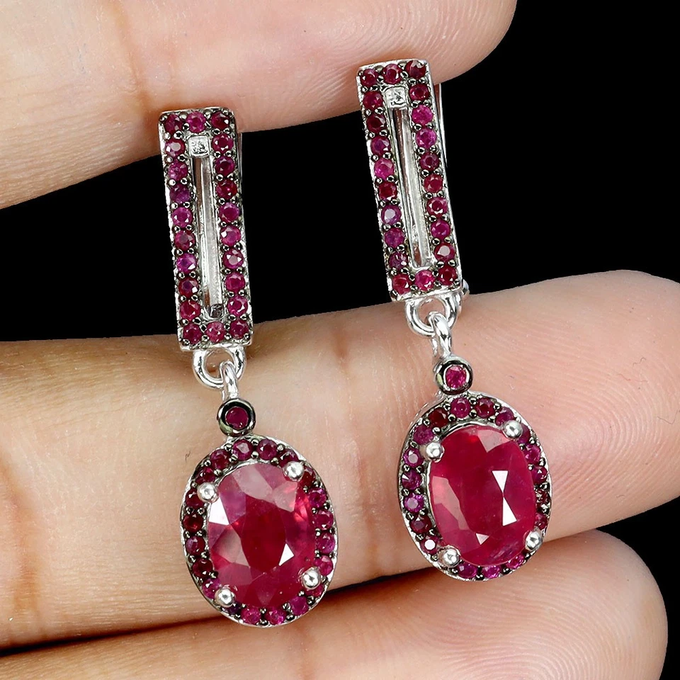 925 Orecchini Argento Sterling Ovale Rubino 7x5mm Rubino Myanmar Gemma Gioielli - Immagine 2 di 4