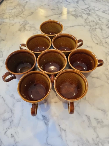 Set Of 8 Vintage Oven Proof USA Brown Drip Glaze 8 Oz Coffee Mugs 