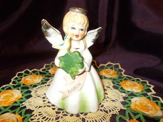 Holiday Collectible Vintage March Angel with St. Patricks Day Shamrock and Bird