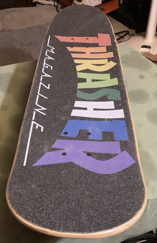 THRASHER MAGAZINE SKATEBOARD: COMPLETE: EXC: COOL STICKERS: BONES WHEELS + MORE