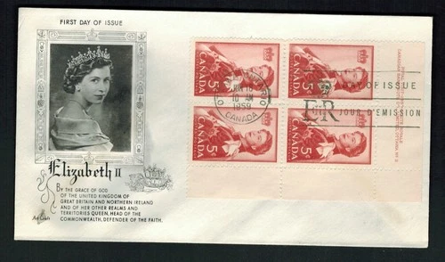 Canada #286, 1959 5¢ Royal Visit UR plate block #2, Rosecraft cachet FDC, VF