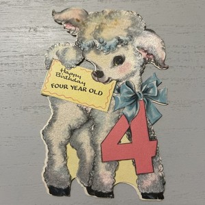 Vtg Hallmark Birthday Greeting Card Diecut Flock White Lamb Bow 1946