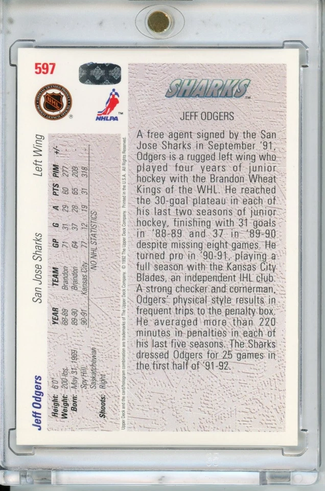 1991-92 Upper Deck #597 Jeff Odgers - Image 2 of 2