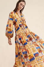Kinga Csilla XS Cotton Maxi Dress Postcard Print Orange Yellow Fiesta Santorini