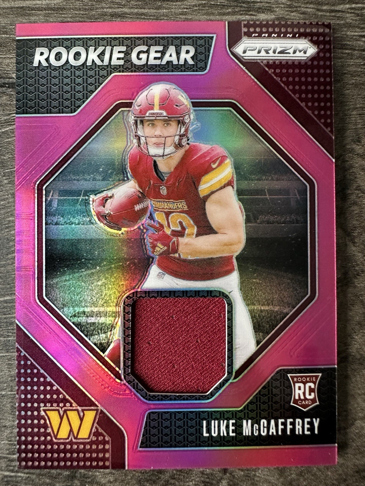 2024 Panini Prizm - Rookie Gear Luke McCaffrey #RG-LMY Pink Prizm (MEM, RC)