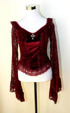 Whimsigoth Fairy Whitchy Pirate Crop Top Sz. 6 Burgundy Velvet Lace Romantic 02