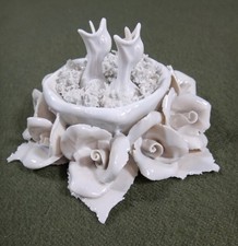 white porcelain BABY BIRDS in NEST with ROSES artist signed VICTORIA