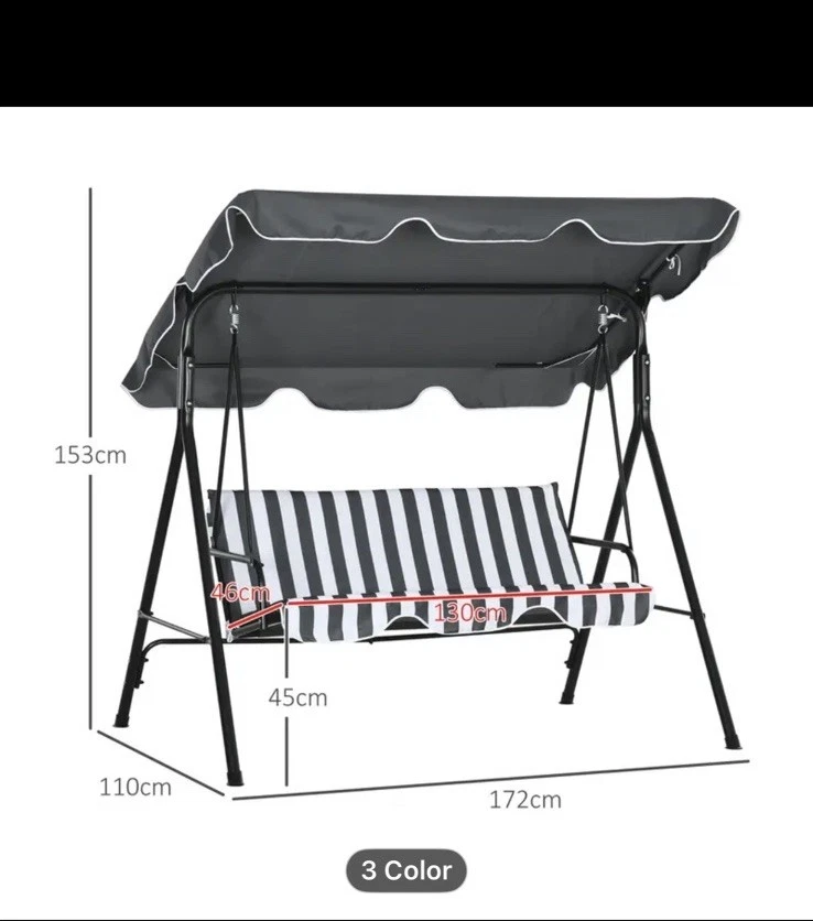 Silla Columpio Jardín 3 Plazas con Toldo Ajustable y Cojines Marco Metal Foto 4 de 4