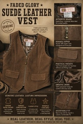 Faded Glory Men s Brown Genuine Leather Zip V-Neck Vest Pockets Lined L