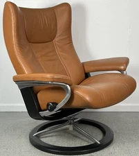 Ekornes Stressless Large Leather "Wing" Signature Base Swivel Recliner Chair