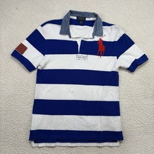 Polo Ralph Lauren Shirt Boys L 14-16 Youth Striped Big Pony USA Flag Rugby Denim