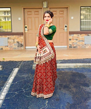 Handmade Women's Silk Saree w/ Matching Blouse Red Green Gold Border