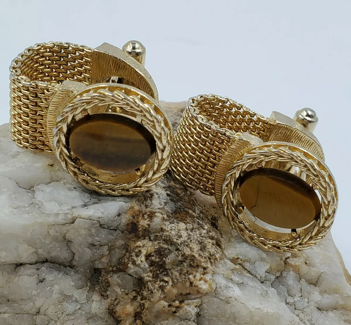 Mens Vintage Jewelry Goldtone Tiger Eye Oval Mesh Wrap Around Cuff Links