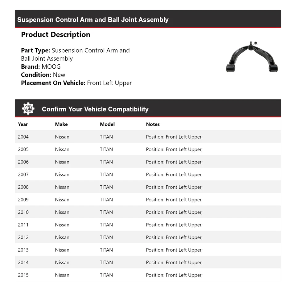 Conjunto de rótula de brazo de control delantero izquierdo superior MO para Nissan TITAN 2004-2015 Foto 2 de 4