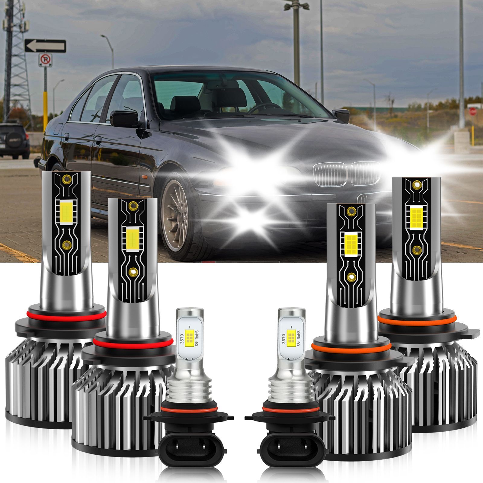 For BMW 540i 1994-1994 Combo LED Headlight High Low Fog Light Bulb Kit 6500K