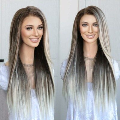 HD Lace Front Wig Human Hair Blend Highlights  Wavy Curly Natural Dirty blonde 