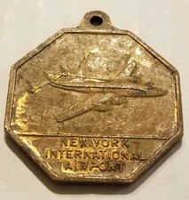 Vintage New York International Airport Good Luck Brass Pendent Medallion