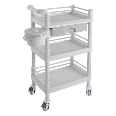 Beauty Salon Trolley Cart Mobile 3-Tier Salon Station Cabinet & Drawer+Waste Bin