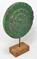 Hand Carved Wooden Round Floral Carving Panel Plaque Rustic Green Painted