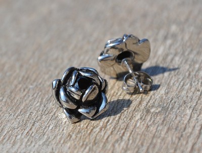 Boucles D'oreilles Rose Et Strass Noir Style Biker Punk - REF 697 - Acier Inoxydable - Neuf Avec étiquettes