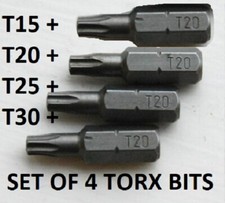 Image of Torx Screwdriver Bits T15 + T20 +T25 + T30 - PACK OF 4 Hardened Hex 1/4" 25mm
