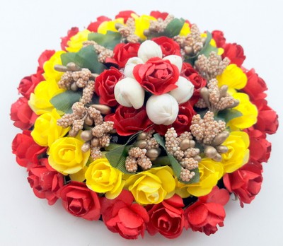 Maroon Yellow Rose Jasmine Artificial Jura Mesh Bun Indian Bridal