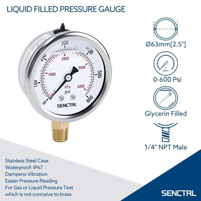 Joywayus 0-60 PSI Glycerin Filled Pressure Gauge – Brass 1/4" NPT Lower Mount