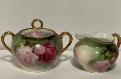 Antique 1908 Handpainted Artist Signed Thomas Serves Bavaria Creamer & Suger Tea