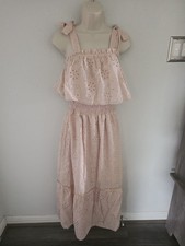 Une Ame Blush Eyelet Ruffle Maxi Dress Tie Straps Women's Sz L