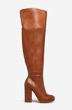 Tarja by SHOEDAZZLE, Cognac brown faux leather 4.25" heel OTK boots, SZ 7.5