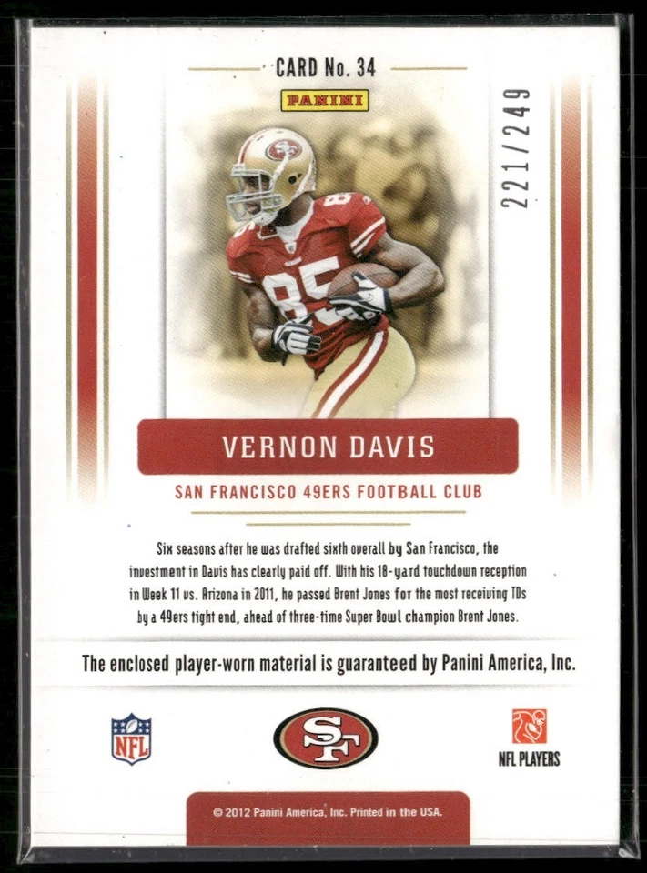2012 Prestige Vernon Davis Team Foundations Jersey Card 49ers-Maryland - Image 2 of 2
