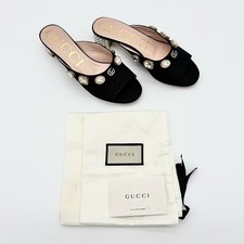 Gucci Moire Crystal Embellished Lyric Interlocking GG Slip On Slides Mules 37.5