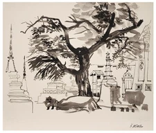 Signed Original DONG KINGMAN Ink Drawing “City Park Scene with Tree and Dog”