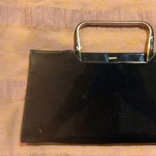 Vintage Black Patent Leather Clutch Handbag with Metal Handle and Clasp