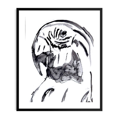 Original Abstract 9x12 Parrot Bird Painting Ink Black White Wall Art Home Decor