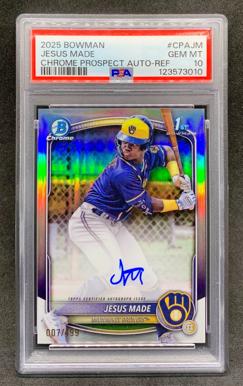 2025 Bowman Chrome JESUS MADE Prospect Refractor 1st Auto SP 499 Gem Mint PSA 10
