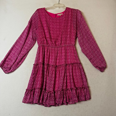 ANTHRO SKIES ARE BLUE dress sz M tiered ruffle pink  print Cottage Core Boho