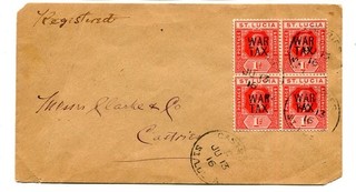 St. Lucia 1916 first “WAR TAX” 1d. block of 4 on regd. cover Castries sent local