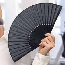 Large Folding Hand Fan, Vintage Black Silk-Cloth for Events and Decor