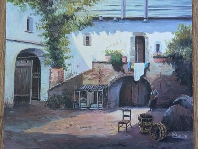 Original mediterranes Ölgemälde Hofszene signiert von Rico 1996