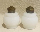 Vintage White Milk Glass Salt & Pepper Shakers Metal Tops 2 1/4"H