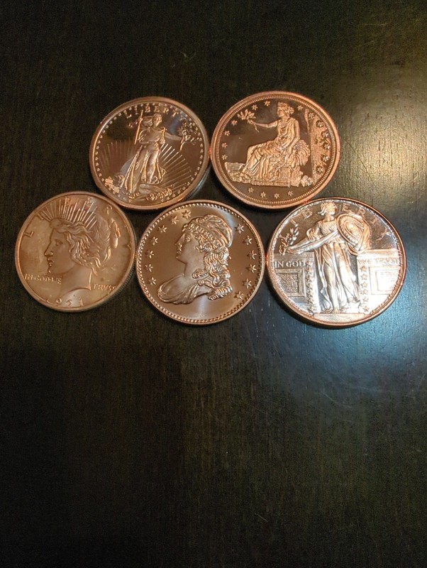 5 Copper Rounds featuring the Images from past coins - 1 Ounce Each