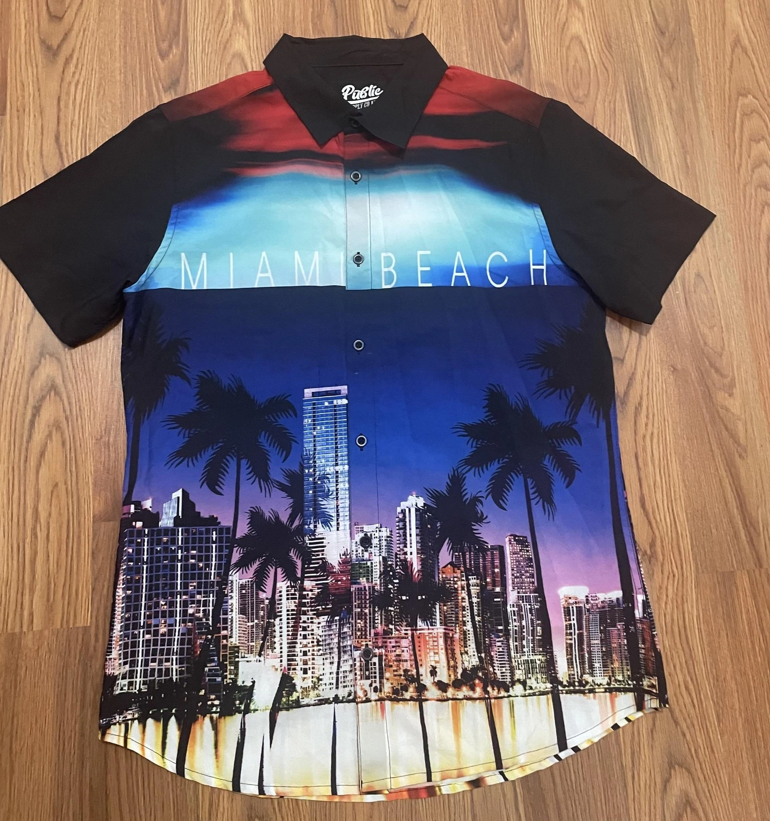 Miami Beach Skyline Shirt Mens Medium Graphic Palm Tree City Print Button Up