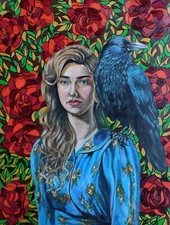 oil painting on canvas, woman, portrait, wall decoration, Raven, bird, painting
