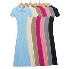 Lapel Short Sleeve Fishtail Dress Womens Single-Breasted Slim Midi Knit Dress