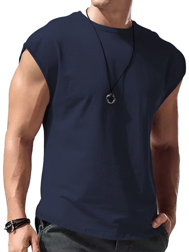 Mens Workout Tank Top Sleeveless Round Neck Gym Bodybuilding Cut Off T Shirts - Picture 42 of 61