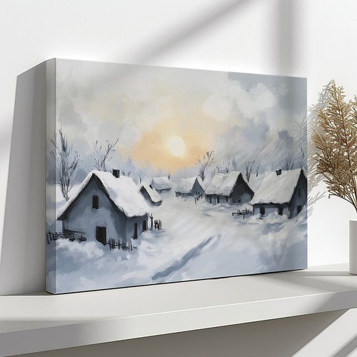 Snowy Winter Scene Village Houses Vintage Painting Canvas Print Wall Hanging Art - Picture 2 of 9