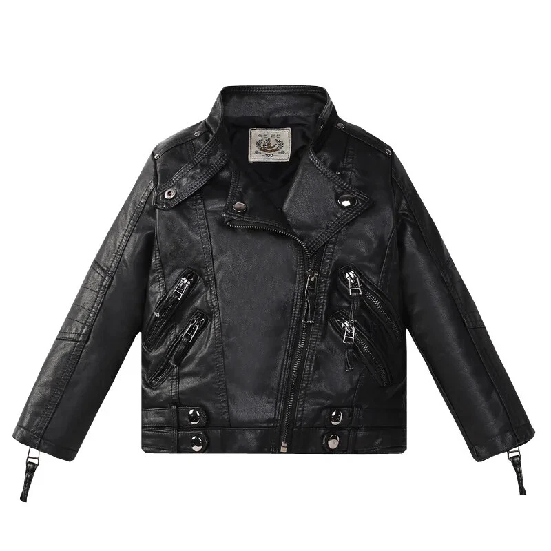 Girls Leather Jacket Spring Autumn Plus Velvet Children PU Kids Zipper Overcoat - Image 4 of 4