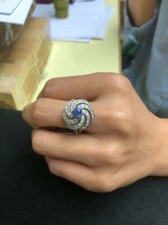 Beautiful Cluster Women's Engagement Fine Ring With Blue Sapphire  White CZ